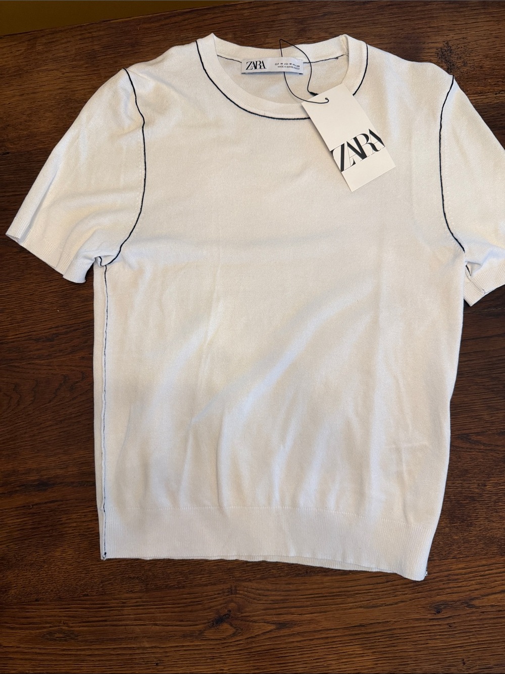 ZARA White Short-Sleeve Top with Black Contrast Piping
